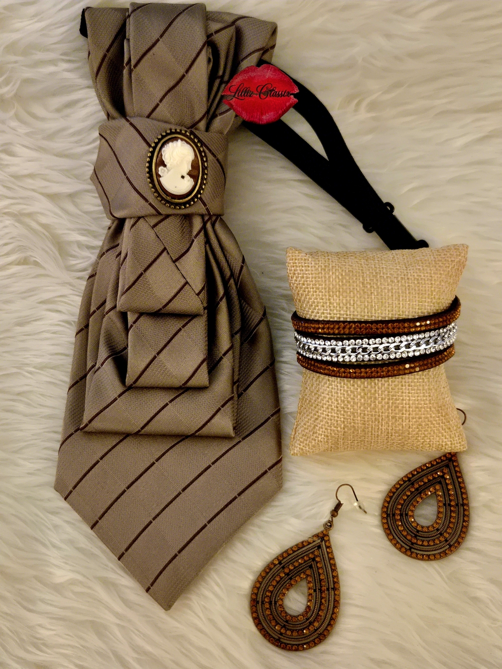 Taupe Striped Cameo Necklace Tie with Brown Teardrop Earrings & Bracelet